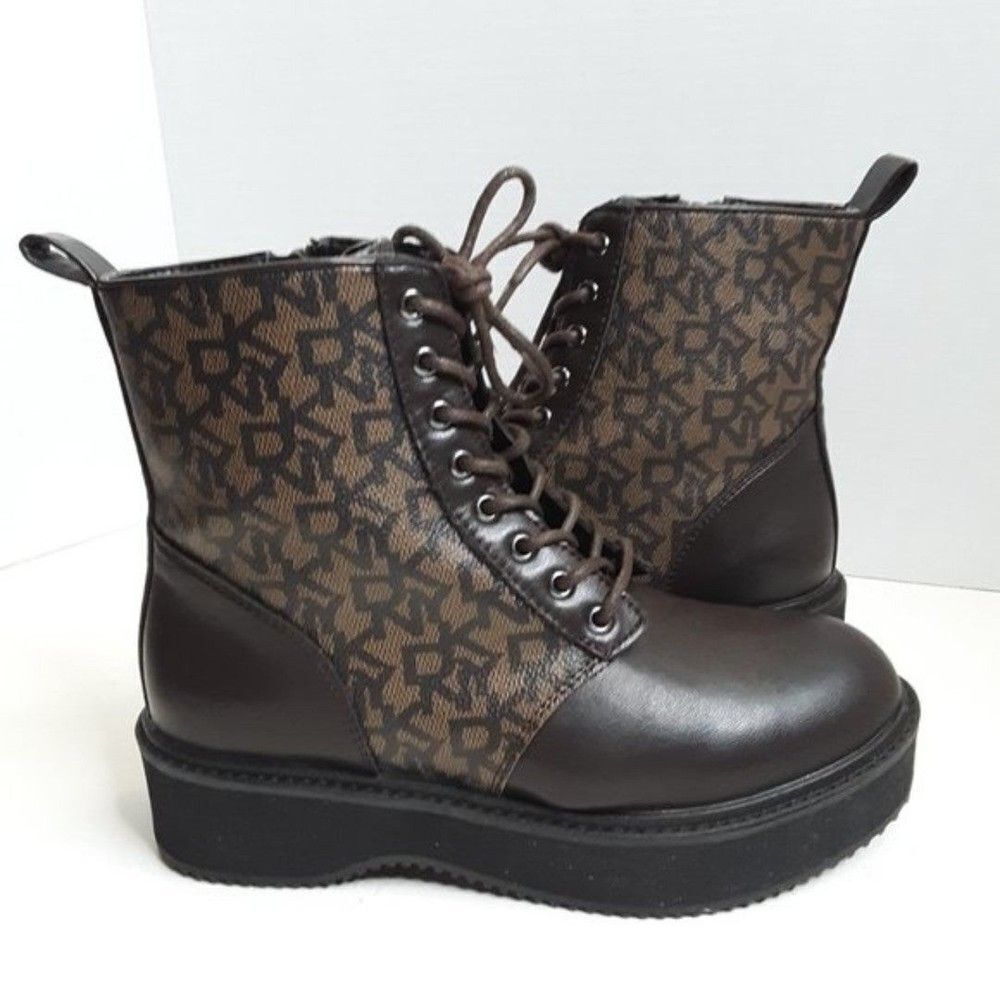 DKNY Women's Boot size 5.5M Roselyn Monogram Print Combat Faux Leather